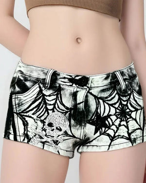 Grunge Spider Web Print Denim Shorts
