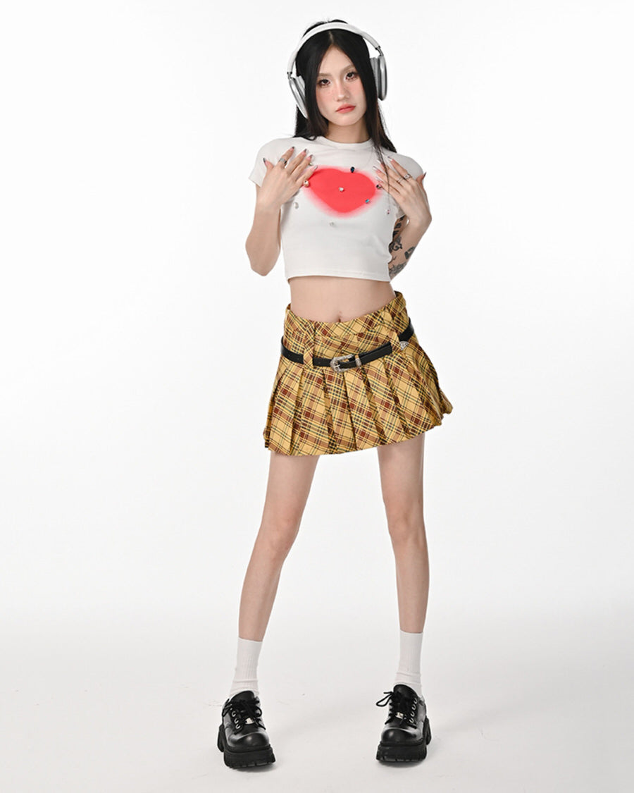 Double Belt Plaid Pleated Skirt in Yellow