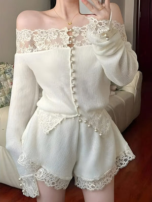 Coquette Pearl Button Lace Two Piece Set