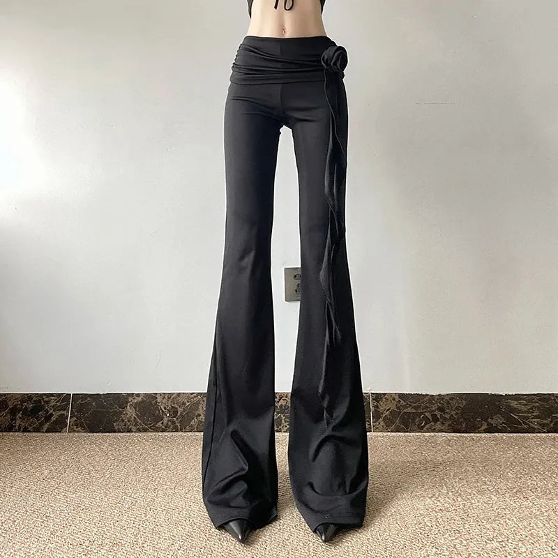 Goth Ruched Flower Flare Pants