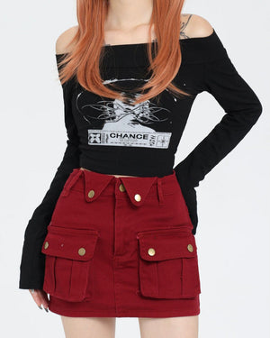 Wine Red Zip Front Mini Skirt