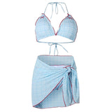Bow Embroidery Gingham Bikini Set & Beach Skirt