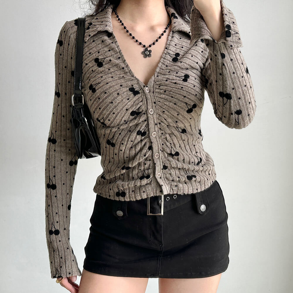 Cherry Print Button-Up Top
