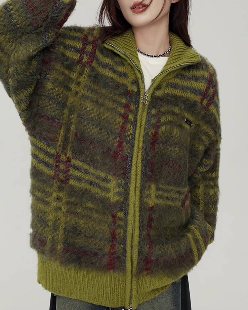 Indie Kid Fuzzy Plaid Zip Up Sweater
