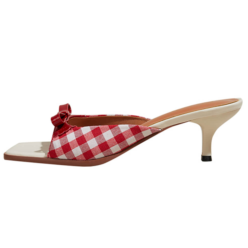 Gingham Picnic Bow Heeled Mules