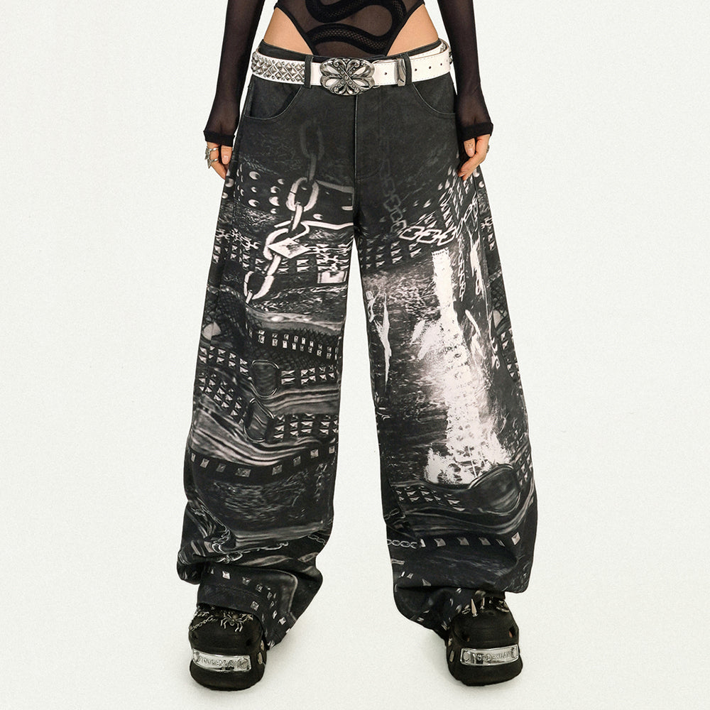 Grunge Chain Print Wide Pants