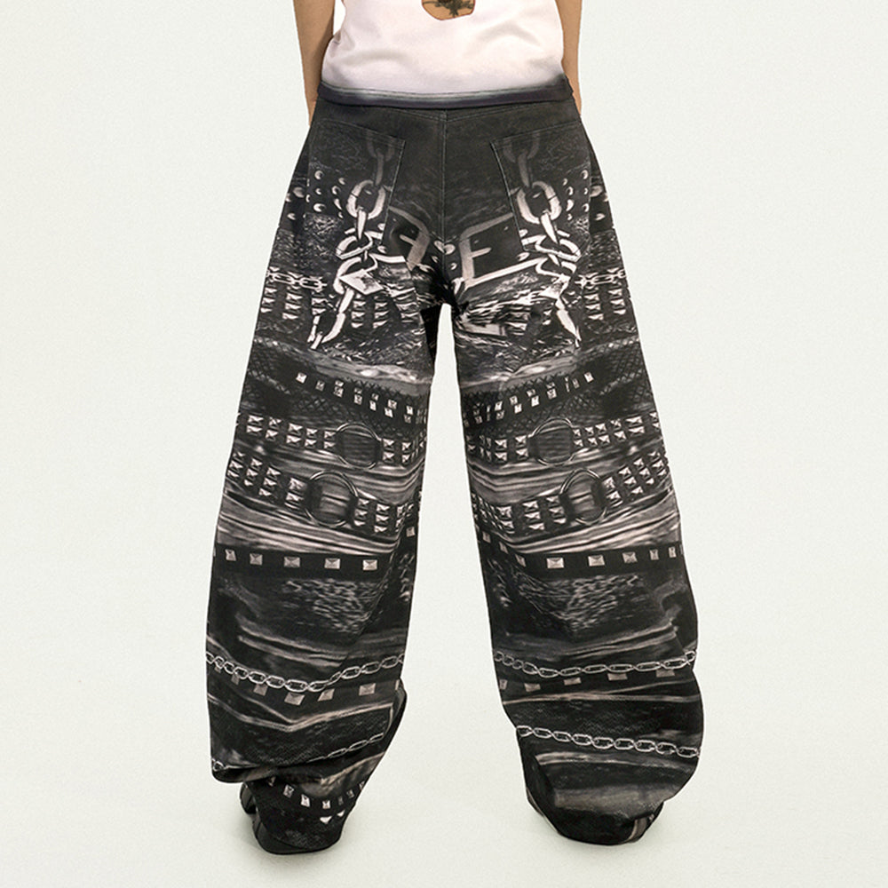 Grunge Chain Print Wide Pants