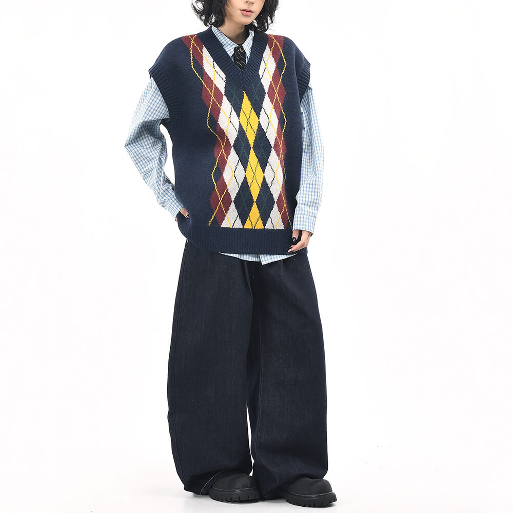 Oversized Argyle V-Neck Grandpa Knit Vest