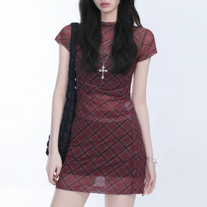 Preppy Plaid Mesh Top & Mini Skirt Set