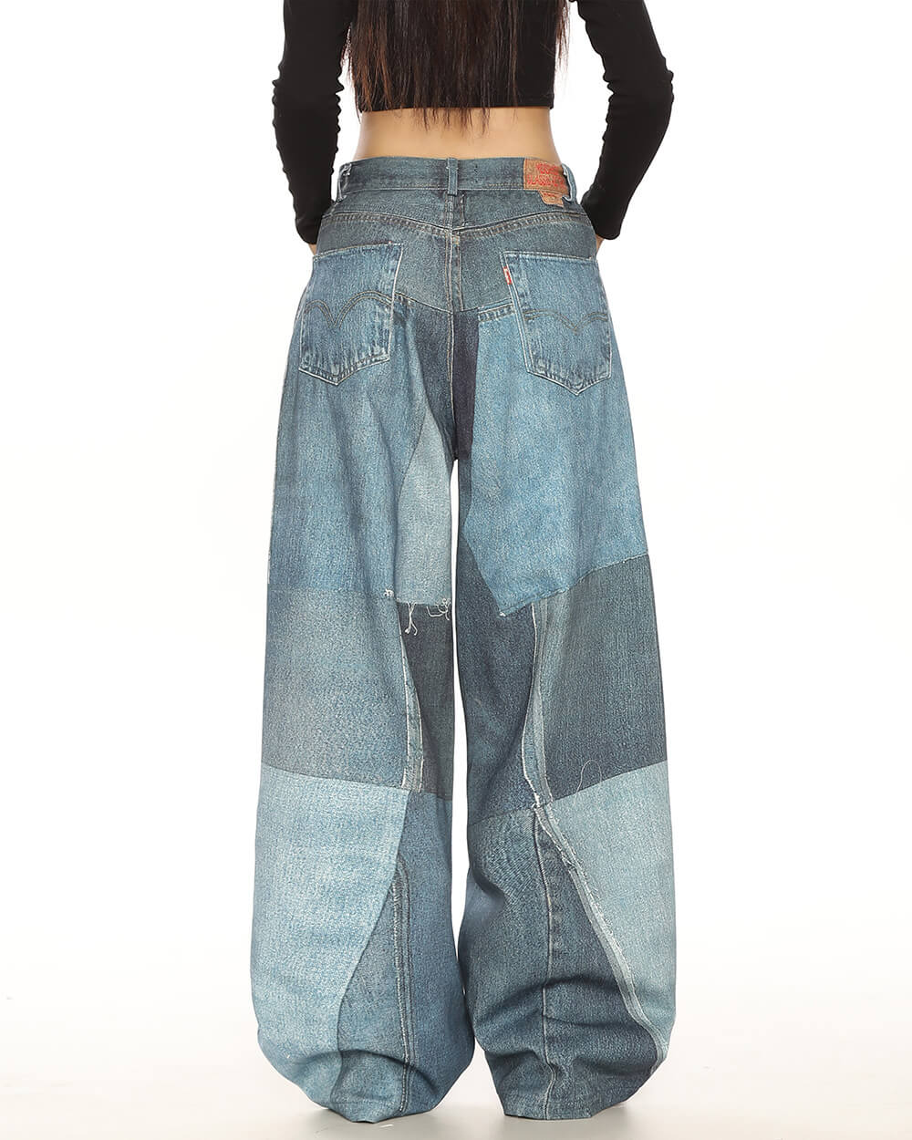Printed Panel Look Baggy Denim Pants