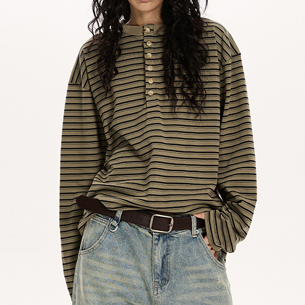 Relaxed Striped Button Up Long Sleeve Top