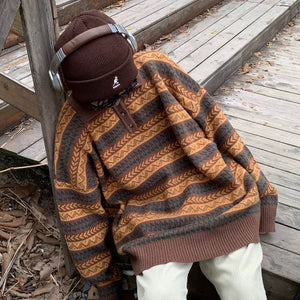 Striped Pattern Grandma Collar Sweater