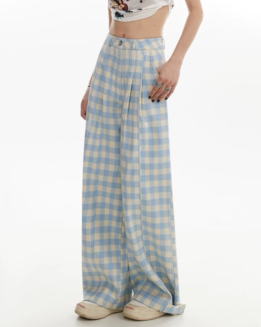 Wide-Leg Blue Gingham Trousers