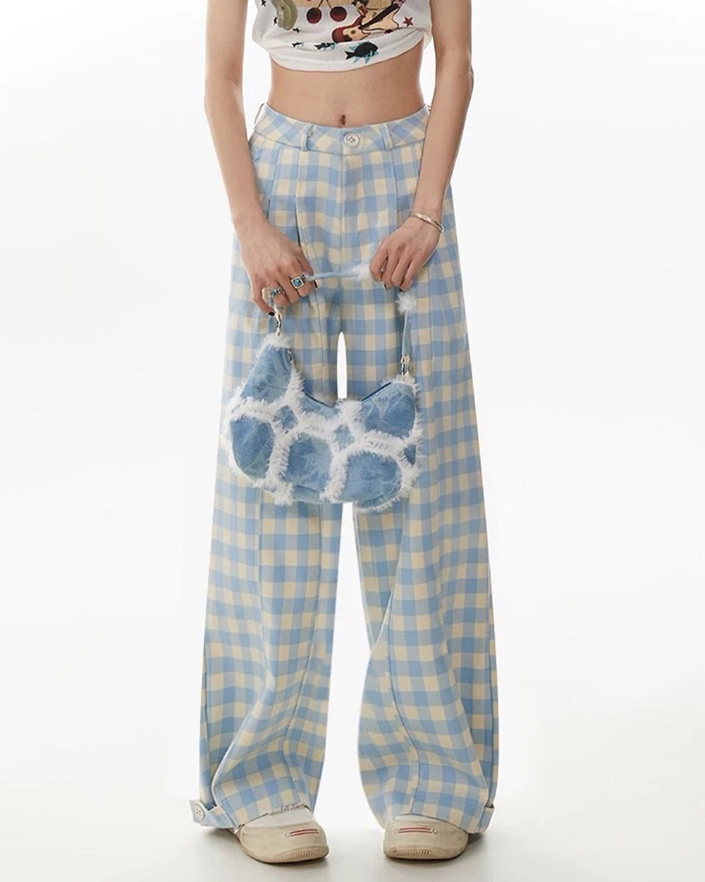 Wide-Leg Blue Gingham Trousers