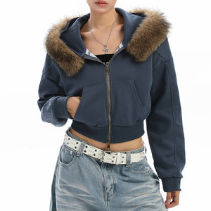 Y2K Aesthetic Cropped Fur Hoodie