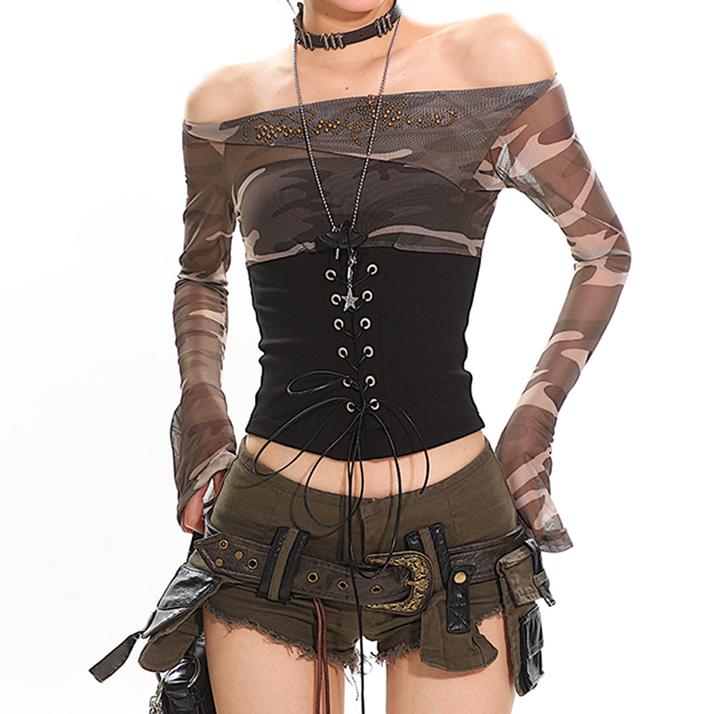 Y2K Camo Off Shoulder Mesh Top