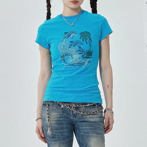 Y2K Dolphin Rhinestone Baby Tee